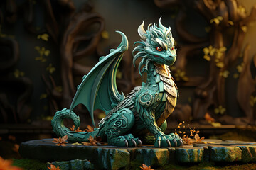 Small green wooden dragon in the forest is a symbol of the year 2024