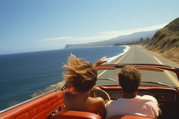A couple in a convertible car driving along the coast in the 1980s. Retro fashion.