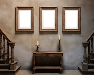 Interior of an ancient castle hall. 3 transparent portrait frames on a wall. Mockup