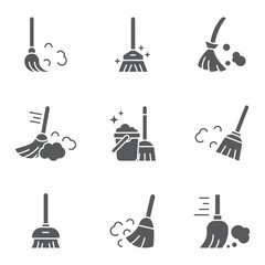 Broom glyph icon set. linear style sign for mobile concept and web design. Sweeping broom simple icon set vector. Symbol, logo illustration. Pixel perfect vector graphics