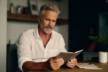 Smiling mature man reading business report on his tablet while sitting at home office desk with documents