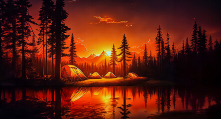 Fototapeta premium Sunset at the camping site in the forest near lake