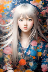 Painting of a girl with long hair surrounded by flowers and leaves, with a flower background.Creative designer fashion glamour anime art drawing.