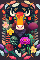 Ai generated flat 2d image of a bull surrounded by brazillian ornamental element