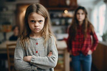 Unhappy, moody and angry little girl standing with arms crossed and looking upset while ignoring her mom, Upset, naughty and problem daughter or child and her angry or disappointed mother at home