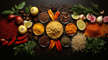 Obraz na płótnie Canvas Top View of Spices and Vegetables Flat Lay With Copy Space Blurry Background