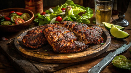 Jerk Chicken Fillets Marinated in Plate With Salad on Blurry Background