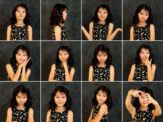Actress emotions portfolio, Collage set of shots child oriental girl 8 year old with different...