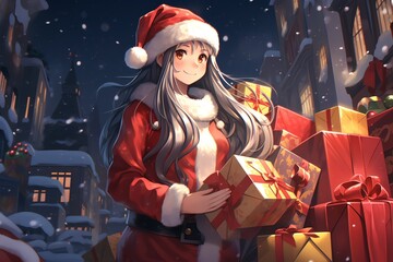 a  santa claus girl holding gift anime style illustration