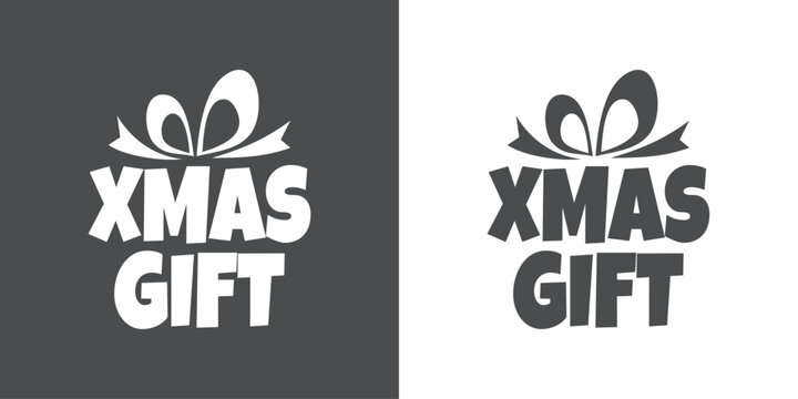 Tiempo de Navidad. Logo con palabra Xmas Gift con texto con forma de caja de regalo con cinta para su uso en invitaciones y felicitaciones