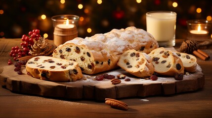 Christmas Stollen Dessert on Wooden Background - Traditional Holiday Cake