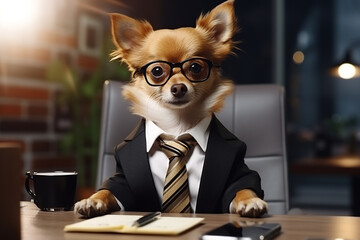 Dog office worker. A dog in the office. Chihuahua boss. Director, Manager, Worker fun