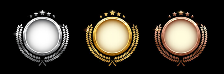 Set of shiny circle medals, laurel wreath with stars vector illustration. Chrome shining round badge prize for winner, award trophy nominee luxury symbol, nomination reward emblem on black background