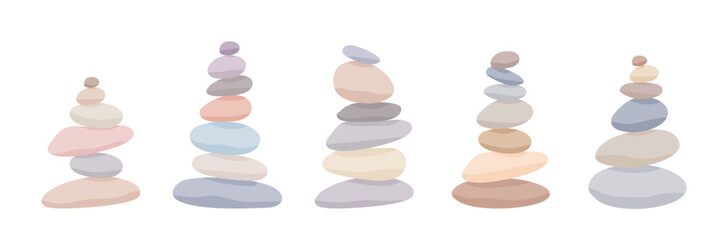 Meditation stone balance pyramid set vector illustration. Stacked pebbles pastel colors object collection isolated in white background