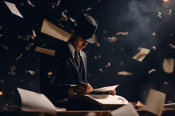 Writer wearing black suit playing Writing on notebook while few papers of a notebook flying randomly, side view shot - obrazy, fototapety, plakaty