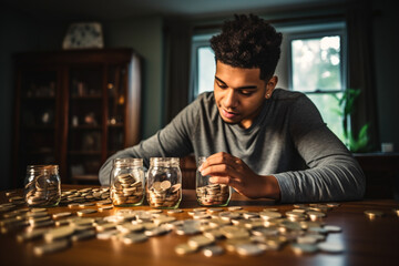 Young african american woman money putting coins into a piggybank at home, Mixed race person counting coins while financial planning in her living room, Saving, investing and thinking about the future