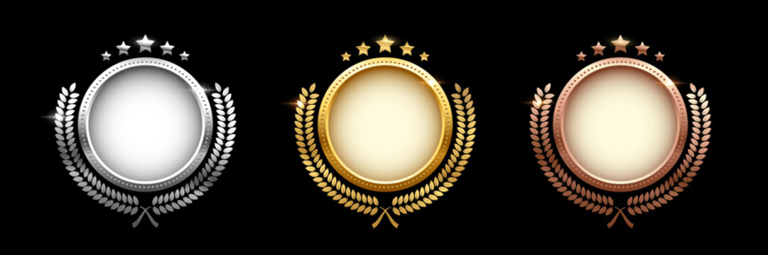 Set of shiny circle medals, laurel wreath with stars vector illustration. Chrome shining round badge prize for winner, award trophy nominee luxury symbol, nomination reward emblem on black background