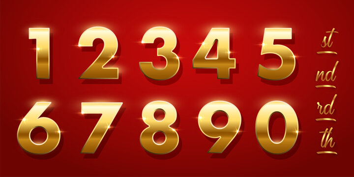 Birthday golden numbers and ending of the words isolated on red background.. Set of gold yellow isolated numbers. Bright metallic 3D, realistic vector design elements