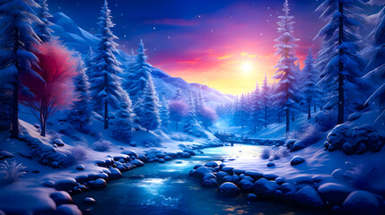 A river in the mountains announcing the coming of winter - Contrast of vivid morning glow and snow -Generative AI - obrazy, fototapety, plakaty