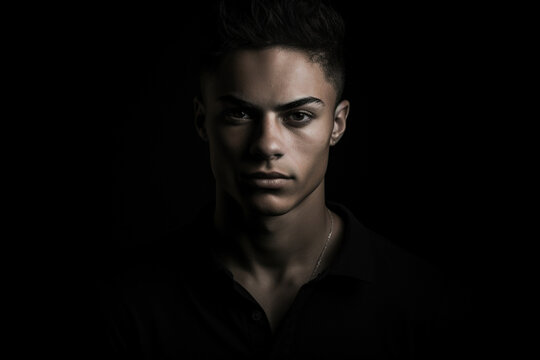 Young handsome multi-ethnic man against black background in black and white