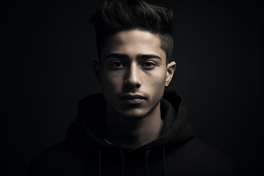 Young handsome multi-ethnic man against black background in black and white