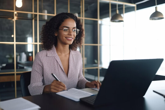 Young latin american businesswoman working inside office with documents and laptop, worker paperwork calculates financial indicators smiling and happy with success and results of achievement and work