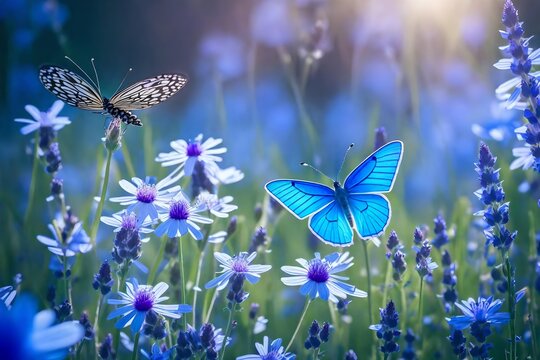 Wild light blue flowers in field and two fluttering butterfly on nature outdoors - AI Generative