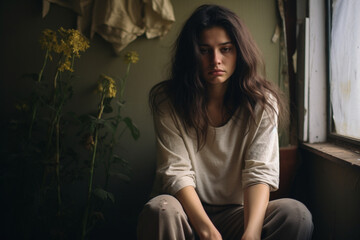 Obraz na płótnie Canvas Young sad woman sitting in regret