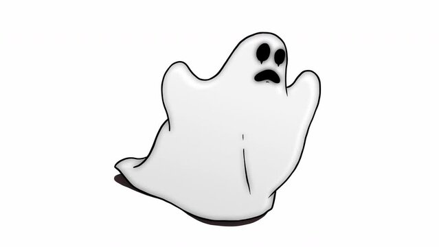 Animation of running white ghost. cartoon ghost spirit with sad facial expression.
