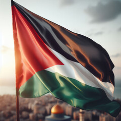Palestinian Flag waving on city background - obrazy, fototapety, plakaty