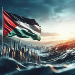 Palestinian flag waving over the city - obrazy, fototapety, plakaty