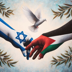 Peace symbol design of hands painted with flag of Palestine and Israel - obrazy, fototapety, plakaty