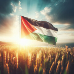 Photo of Palestinian flag at sunset and sky - obrazy, fototapety, plakaty