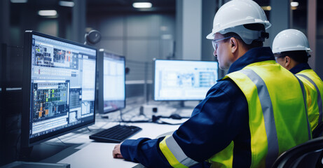 Fototapeta premium Modern Factory: Project Engineer Talks to male Operator who Controls Facility Production Line, Uses Computer with Screens Showing AI, Machine Learning Enhanced Assembly Process