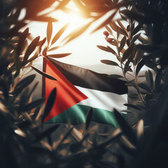 Photo of the Palestinian flag taken from behind peace laurel leaves - obrazy, fototapety, plakaty