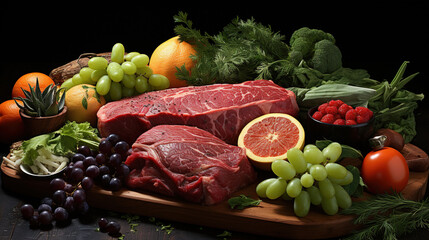 Fresh Beef Vegetables and Fruits Beef As The Main Body on Blurry Background
