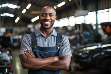 Handsome auto service mechanic in uniform is standing on the background of car with open hood, smiling and looking at camera. Car repair and maintenance.