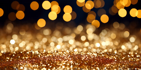 Sparkling gold glitter against a dark background with bokeh for Christmas, New year. Wallpaper decoration, greeting and holiday design element. Banner, panorama, copy space