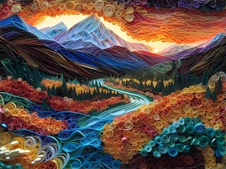 landscape in the mountains with watercut style