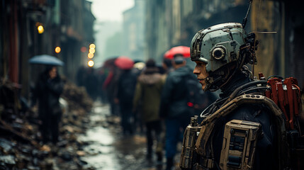 Cyborg Profile in Rainy Urban Setting.
Close-up of a cyborg's face against a rainy, urban backdrop, highlighting advanced robotics and AI in a human-dominated world. 