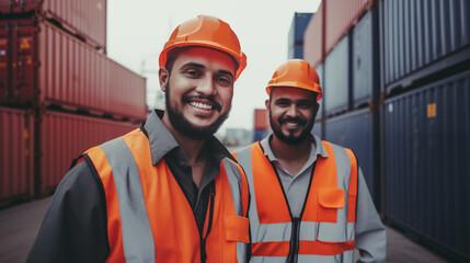 Group of asian workers at container terminal wearing helmet