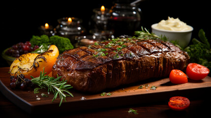 Gourmet Grilled Steak with Fresh Garnishes.
A succulent grilled steak adorned with fresh rosemary, parsley, and vegetables, perfect for menus and culinary themes, targeting food enthusiasts and chefs.