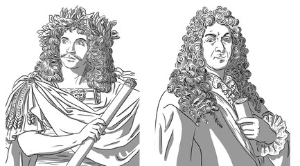 Fototapeta na wymiar Molière and Lully (Lulli), portraits of Jean-Baptiste Poquelin and Giovanni Battista Lulli 