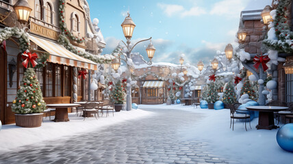 Fototapeta premium Empty street cafe in cold weather. Decorated and illuminated Market square at old city. Winter view with empty outdoors coffeeshop cafe