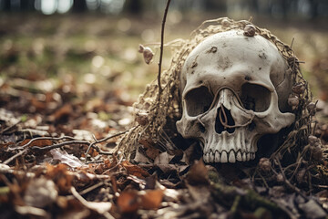 Surreal photo of skeleton skull head