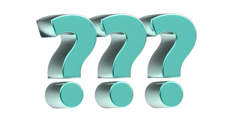 drei türkise exklusive plakative Fragezeichen 3D-Rendering, Frage, Antwort, FAQ, Zeichen, Schrift, 3D, exklusiv, metallisch, edel, Aufgabe, Wissen, Lernen, Ungewiss,  Freisteller, Alphakanal