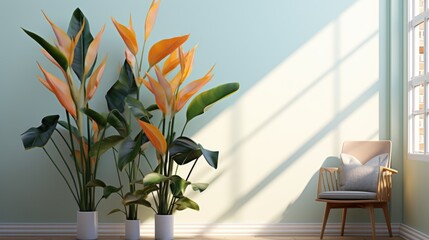 Orange strelitzia in a pot. Tropical flowers. Let the wall