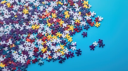 A bunch of colorful puzzles on a blue background of puzzles. World Autism Awareness Day