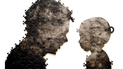 A dark silhouette from the puzzles of a small child and an adult. World Autism Awareness Day.
