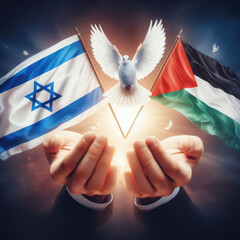 White dove of peace with its wings spread, holding the flag of Palestine and Israel in the palm - obrazy, fototapety, plakaty